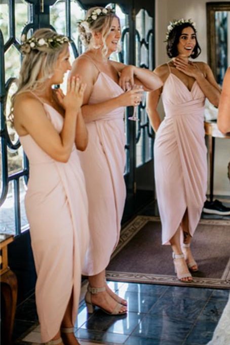 Spaghetti Straps Pink Wrap Bridesmaid Dress