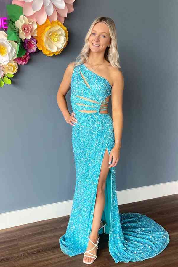 Lilac One Shoulder Cut-Out Mermaid Sequins Slit Long Prom Dress FancyVestido Lilac One Shoulder Cut-Out Mermaid Sequins Slit Long Prom Dress FancyVestido