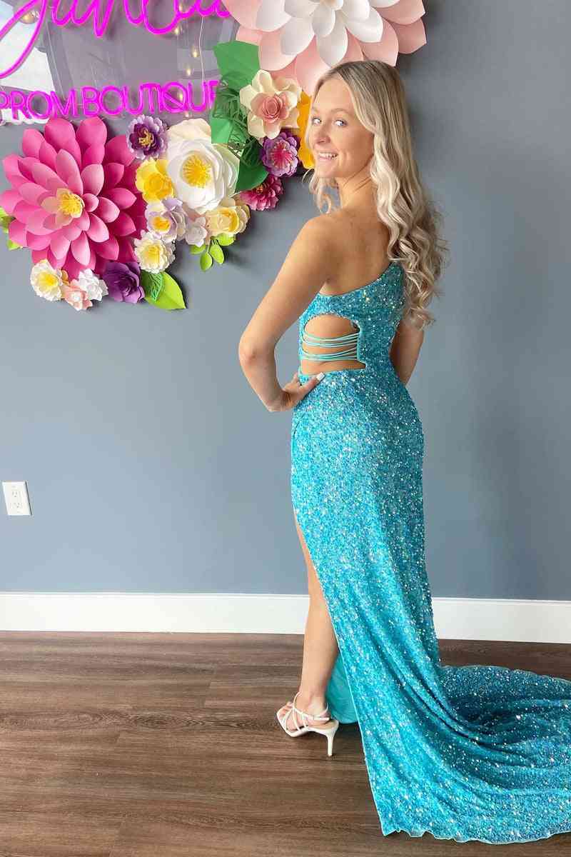 Lilac One Shoulder Cut-Out Mermaid Sequins Slit Long Prom Dress FancyVestido Lilac One Shoulder Cut-Out Mermaid Sequins Slit Long Prom Dress FancyVestido