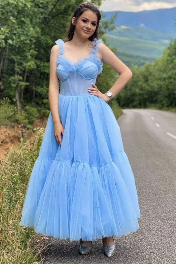 Princess Light Sky Blue Tulle Long Prom Dress