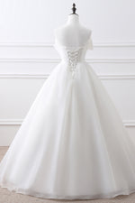 Long Lace-Up A-line Strapless White Wedding Dress with Bowkot