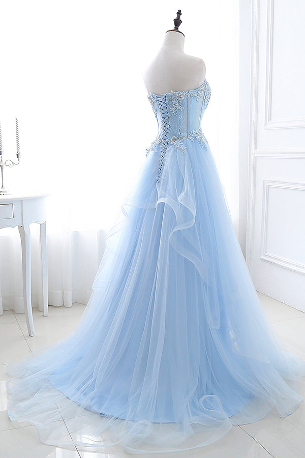 Light Blue Strapless Tulle Princess Prom Dress with Appliques