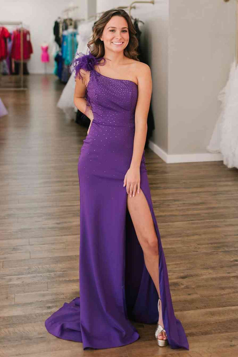 Beaded One-Shoulder Hot Pink Long Formal Dress with Feathers