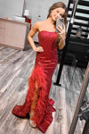 Long Strapless Red Prom Dress with Feather Slit