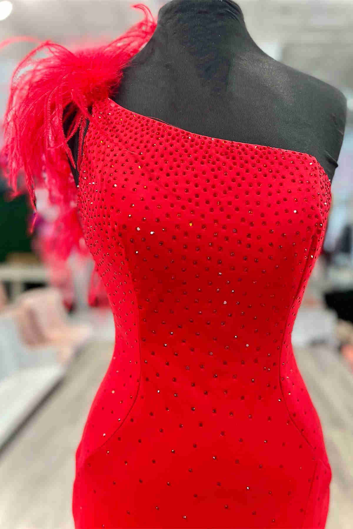Beaded One-Shoulder Hot Pink Long Formal Dress with Feathers – FancyVestido