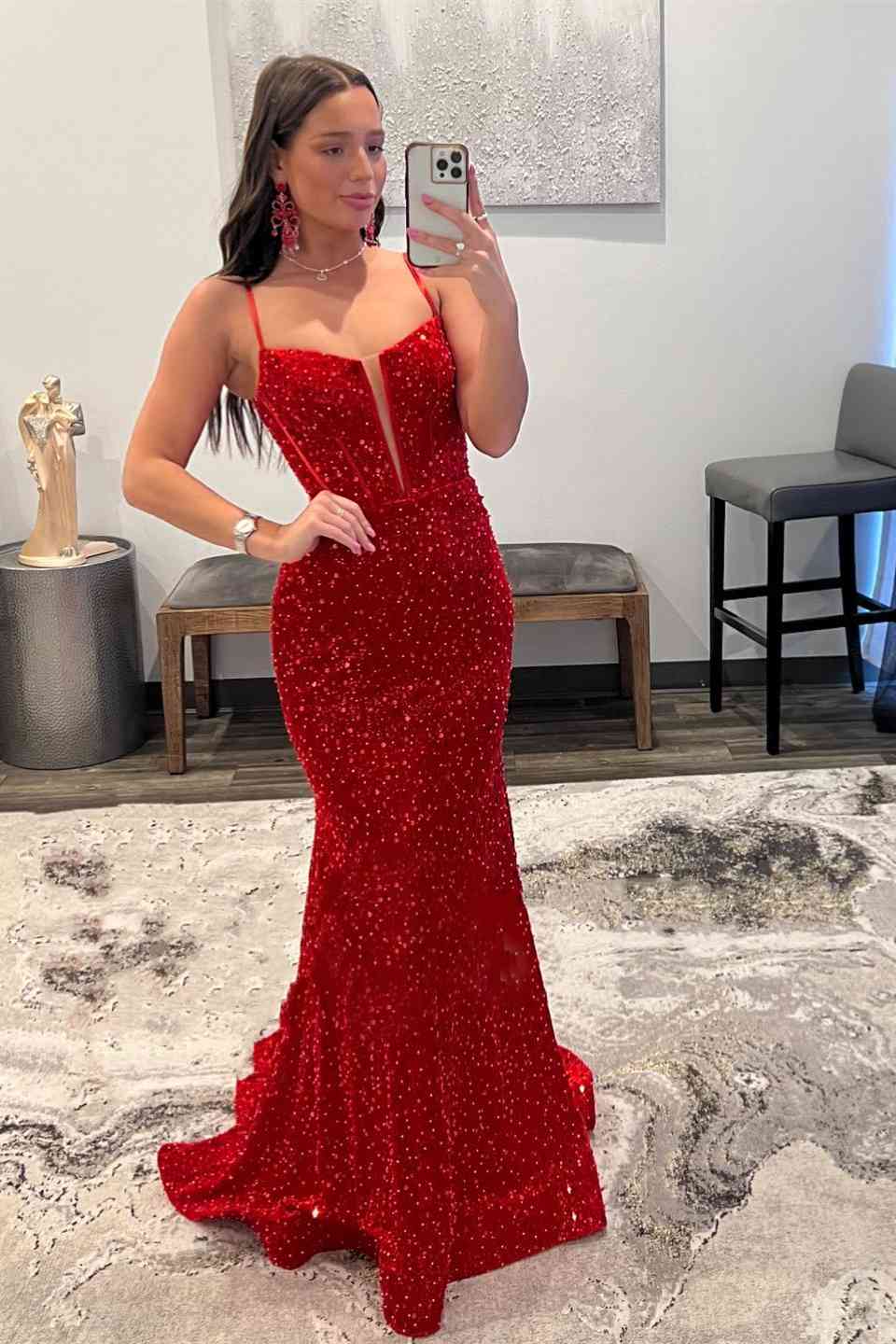 Crew Neck Mermaid Princess Prom Dress with Sequins and Flower