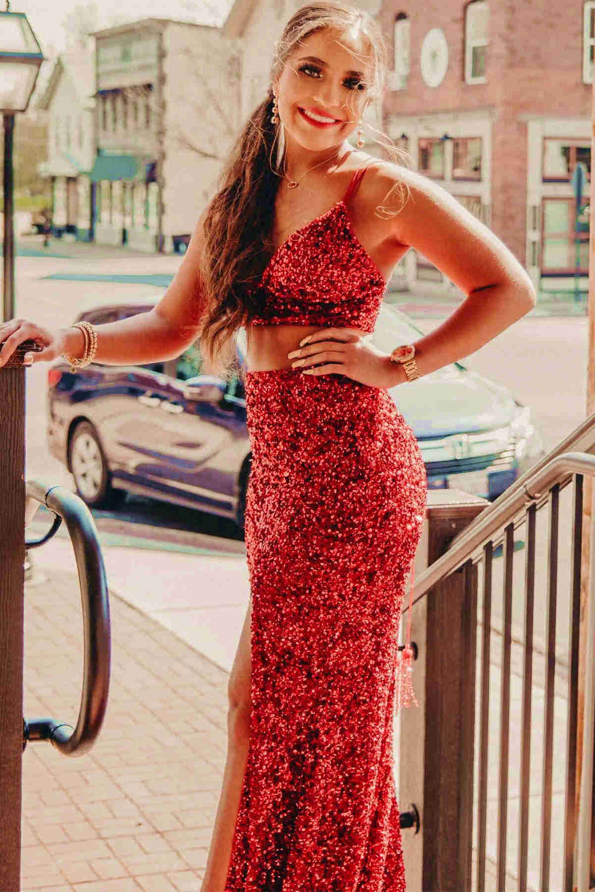 Two Piece Sparkly Red Prom Dresses Two Piece Orange Sequins Long Prom Dress FancyVestido Two Piece Sparkly Red Prom Dresses Two Piece Orange Sequins Long Prom Dress FancyVestido