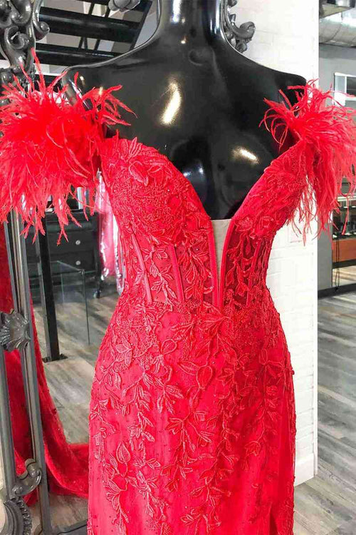 Plunging V-Neck Red Feather Shoulder Long Prom Dress