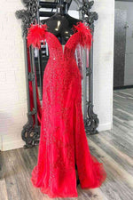 Plunging V-Neck Red Feather Shoulder Long Prom Dress