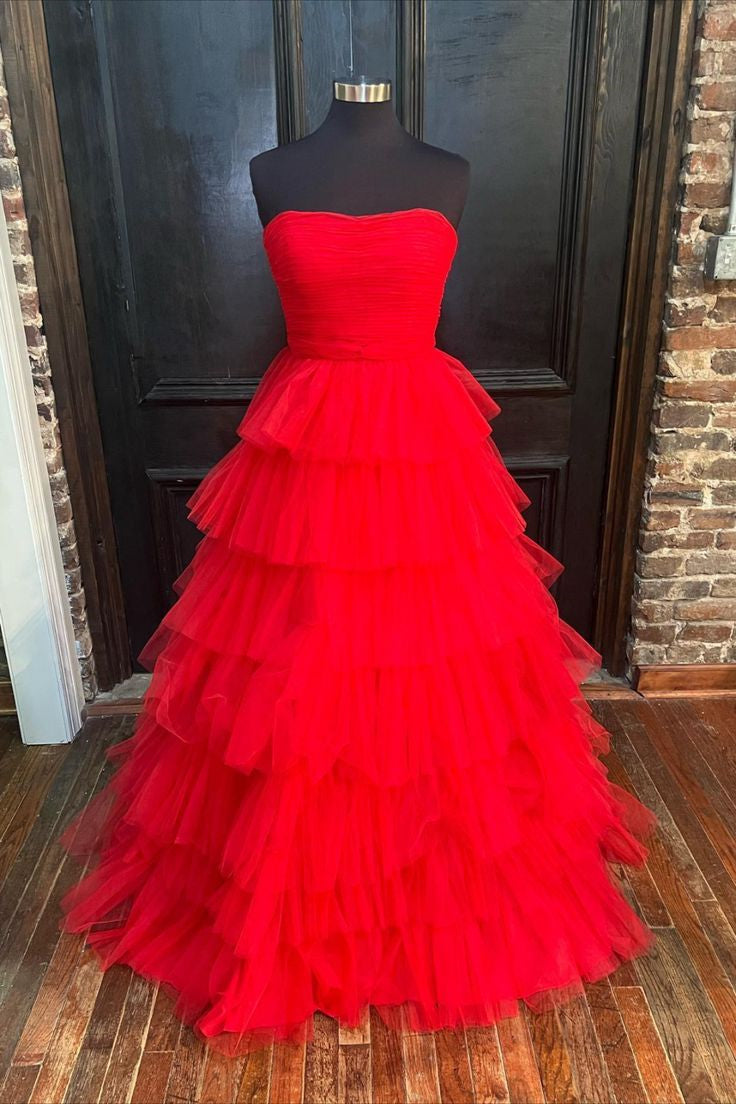 A-line Strapless Pleated Multi-Layers Tulle Long Prom Dress