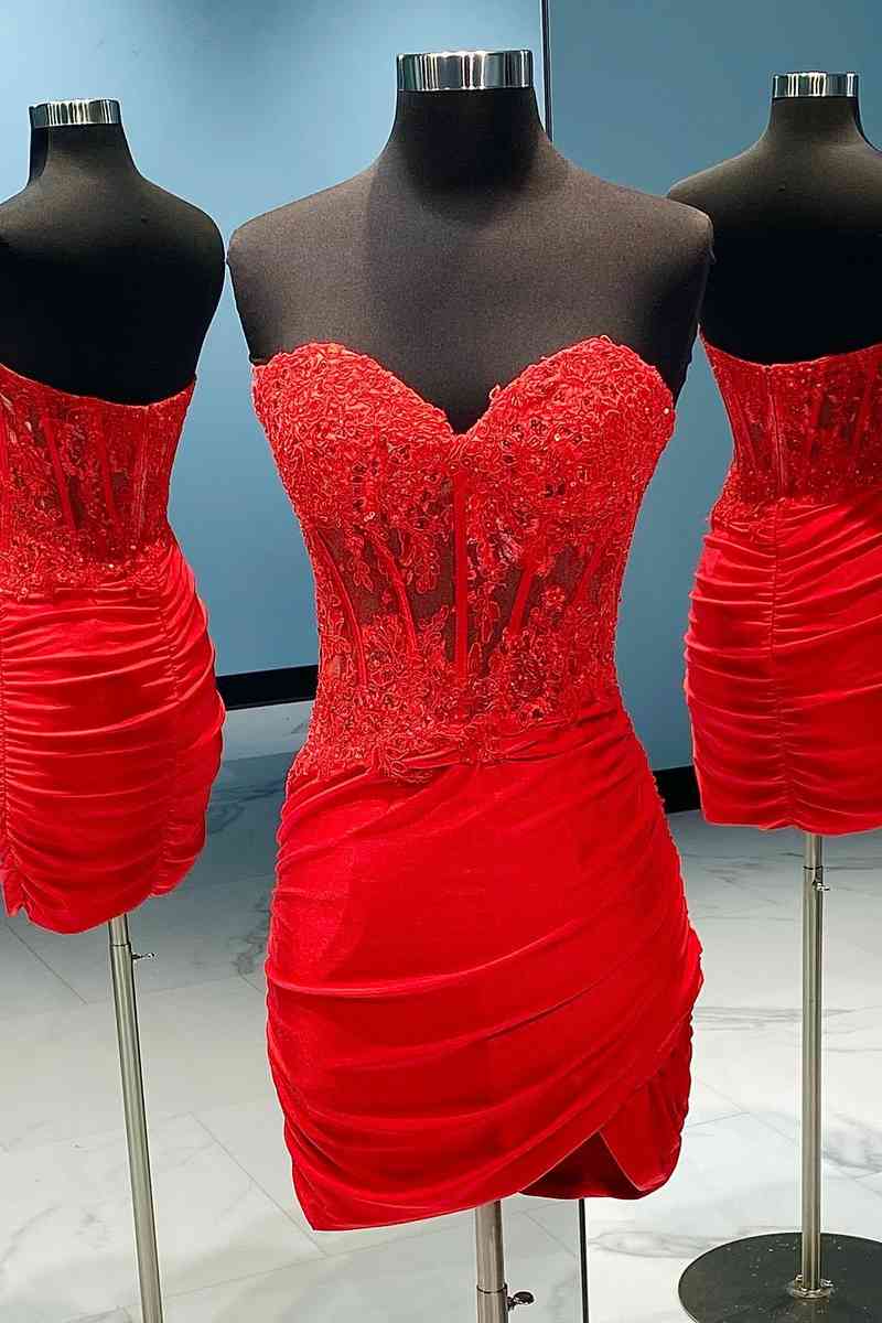 Strapless Red Lace Corset Short Homecoming Dress