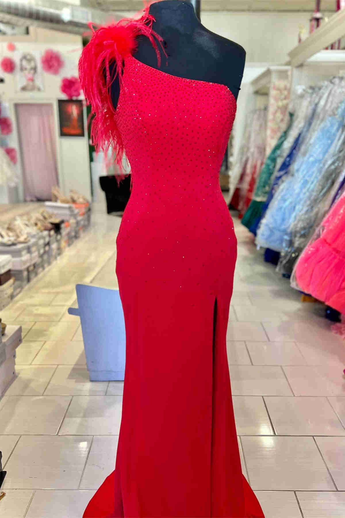 Beaded One-Shoulder Hot Pink Long Formal Dress with Feathers – FancyVestido