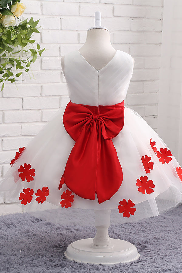 red dress with white flowers Tulle Appliqued White Flower girl Dress with Red Bow – FancyVestido