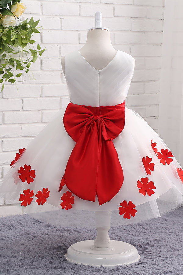 Tulle Appliqued White Flower girl Dress with Red Bow