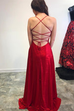Simple Red Prom Dress - Side Slit Lace-Up Back