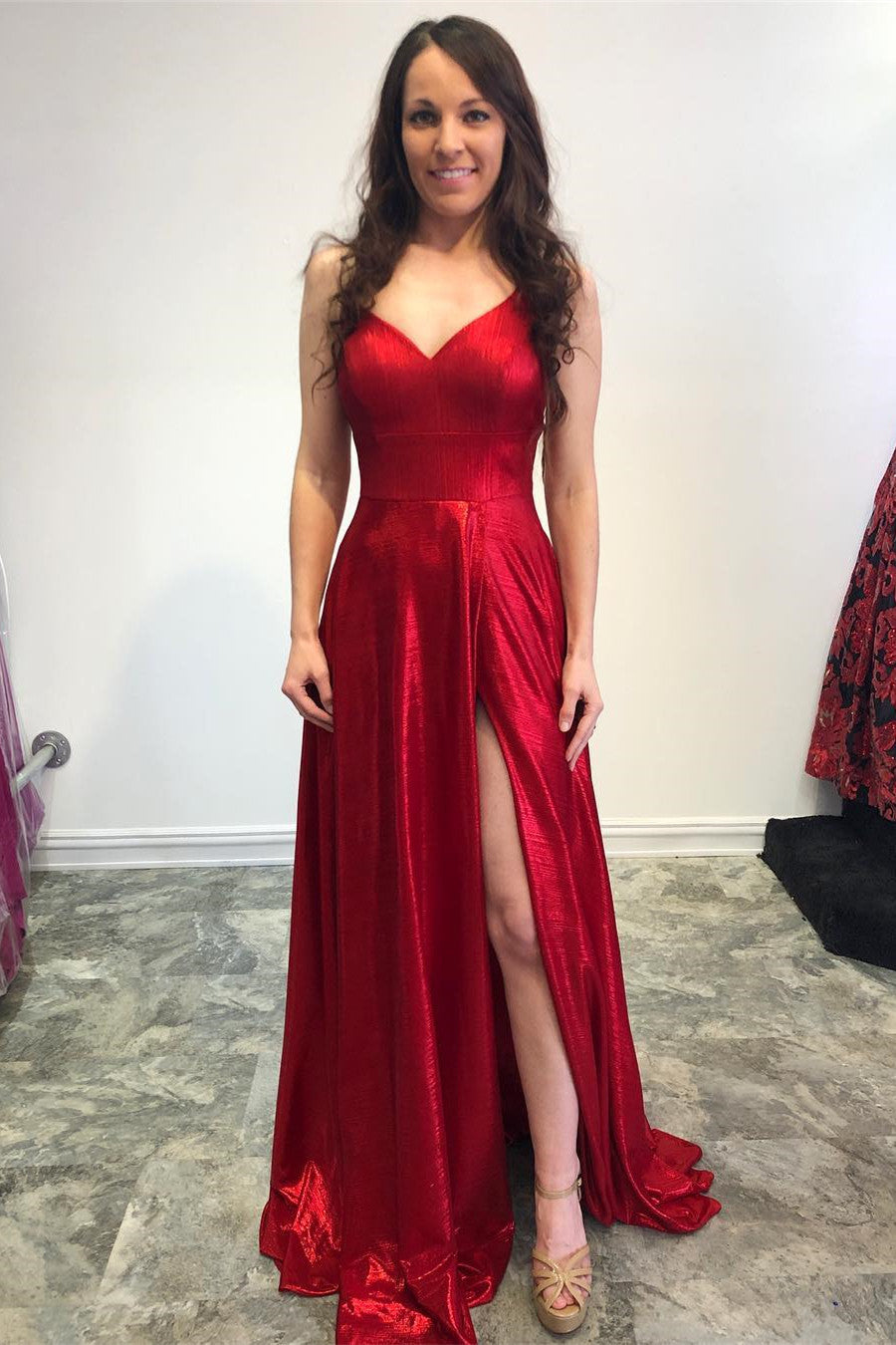 FancyVestido Simple Red Prom Dress Side Slit Lace Up Back US 6 Red