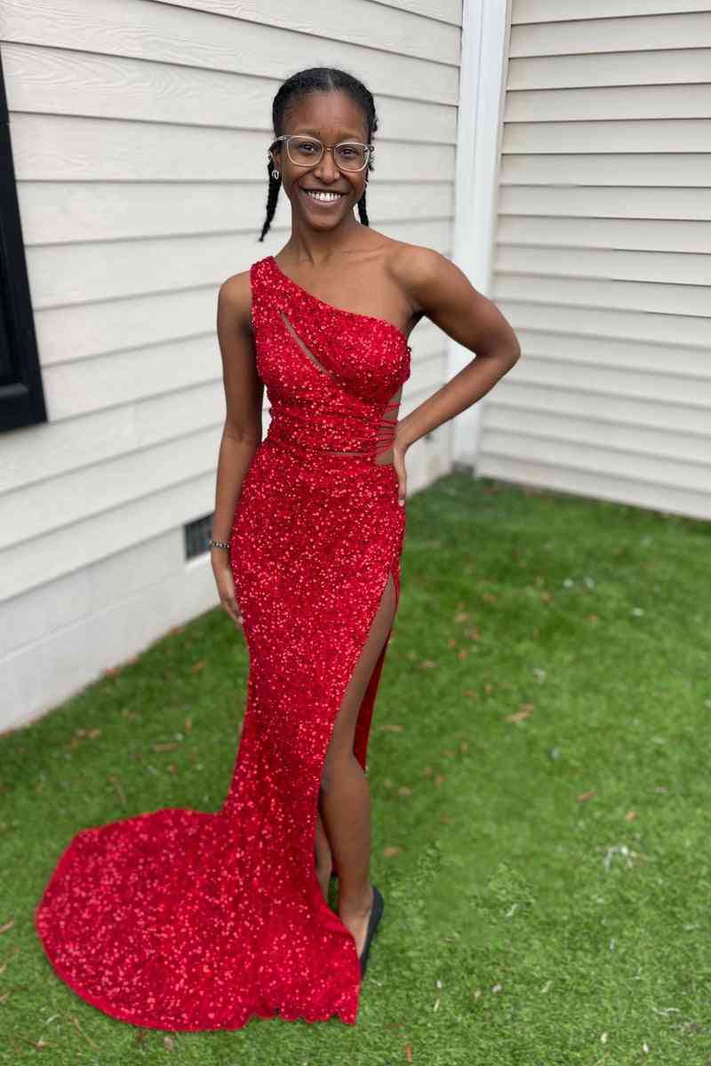 Lilac One Shoulder Cut-Out Mermaid Sequins Slit Long Prom Dress FancyVestido Lilac One Shoulder Cut-Out Mermaid Sequins Slit Long Prom Dress FancyVestido