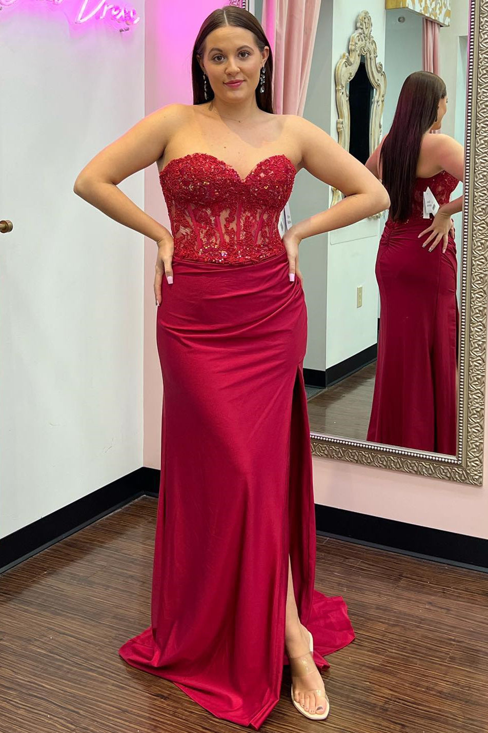 Sweetheart Corset Lace Hot Pink Long Prom Dress with Slit FancyVestido Sweetheart Corset Lace Hot Pink Long Prom Dress with Slit FancyVestido
