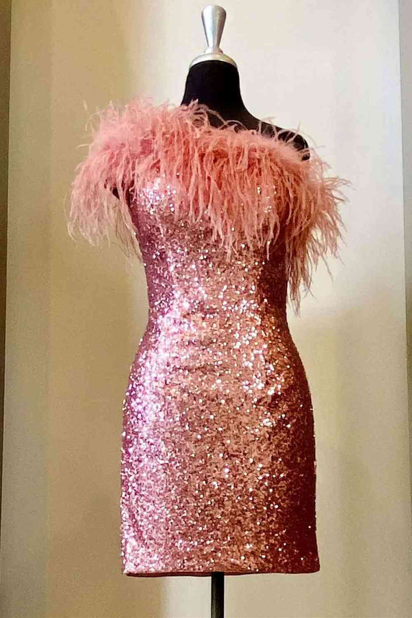 Balck Sequins One Shoulder Tight Homecoming Dress with Feather