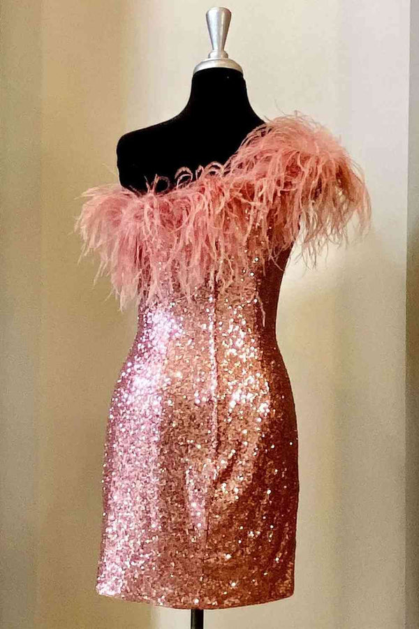 Balck Sequins One Shoulder Tight Homecoming Dress with Feather