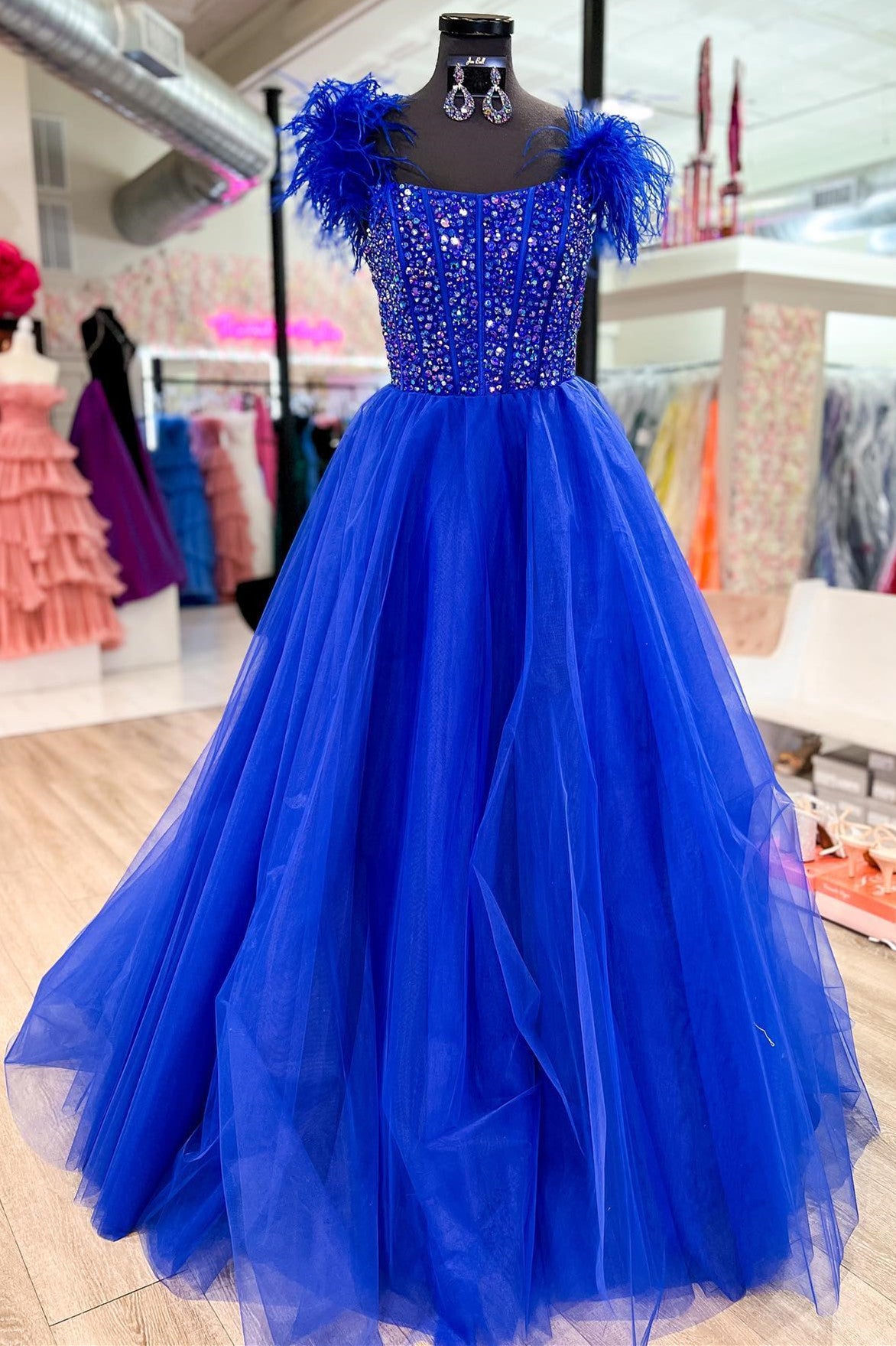 Royal Blue A-line Scoop Neck Rhinestone Long Prom Dress with Feathers FancyVestido Royal Blue A-line Scoop Neck Rhinestone Long Prom Dress with Feathers FancyVestido