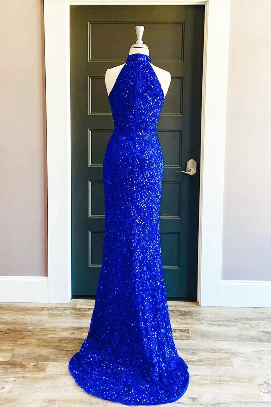 Sequins High Neck Royal Blue Long Party Dress with Slit FancyVestido Sequins High Neck Royal Blue Long Party Dress with Slit FancyVestido