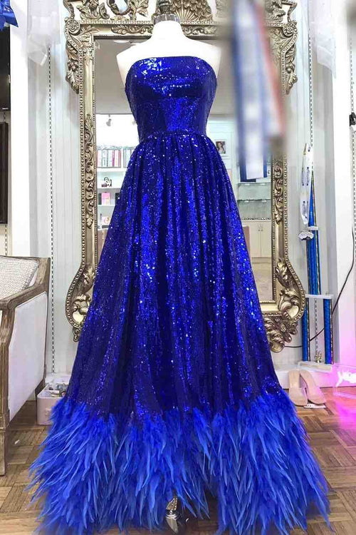 A-Line Strapless Sequined Long Formal Dress with Feather Hem