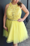Halter Yellow Short Homecoming Dress with Lace Up Back