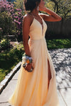 Simple V Neck Yellow Long Prom Dress with Slit