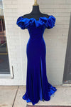 Ruffle Off the Shoulder Royal Blue Long Formal Dress with Slit