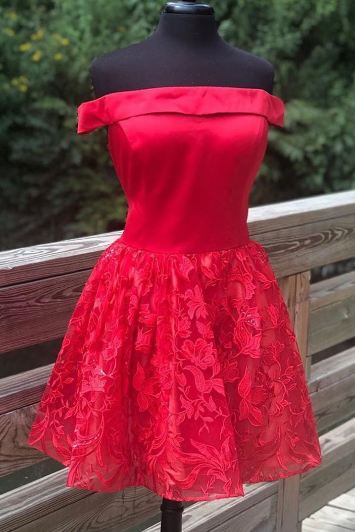 Slash Neck Red Lace Bottom Homecoming Dress