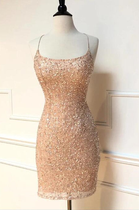 Sparkle Straps Tight Peach Sequins Short Homecoming Dress FancyVestido Sparkle Straps Tight Peach Sequins Short Homecoming Dress FancyVestido