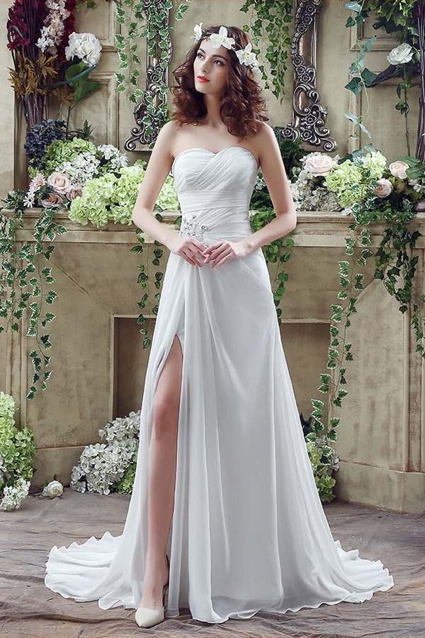 Long Sweetheart A-line White Chiffon Wedding Dress with Slit FancyVestido Long Sweetheart A-line White Chiffon Wedding Dress with Slit FancyVestido