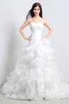 Princess Long Strapless A-line White Wedding Dress with Ruffles