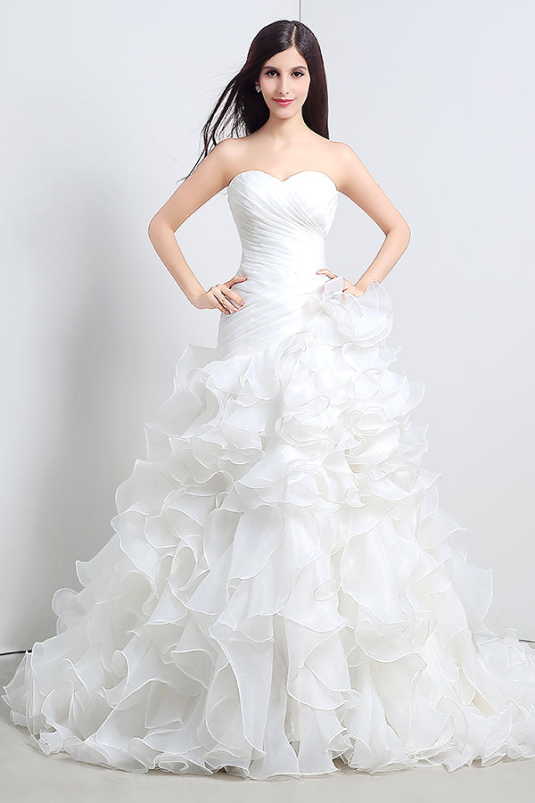 Princess Long Strapless A-line White Wedding Dress with Ruffles