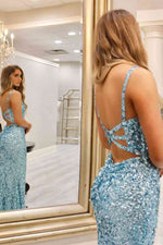 Glitter V-Neck Tiffany Blue Mermaid Prom Dreess