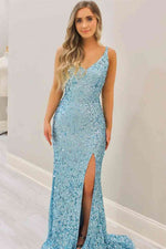 Glitter V-Neck Tiffany Blue Mermaid Prom Dreess
