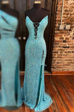 Gold V Neck Mermiad Sequins Lace-Up Front Slit Long Prom Dress