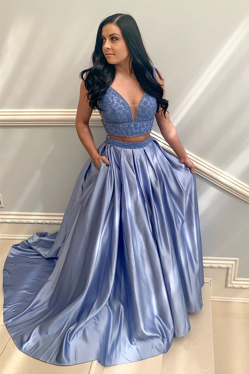 Two Piece Lavender Long Prom Dress with Pockets FancyVestido Two Piece Lavender Long Prom Dress with Pockets FancyVestido
