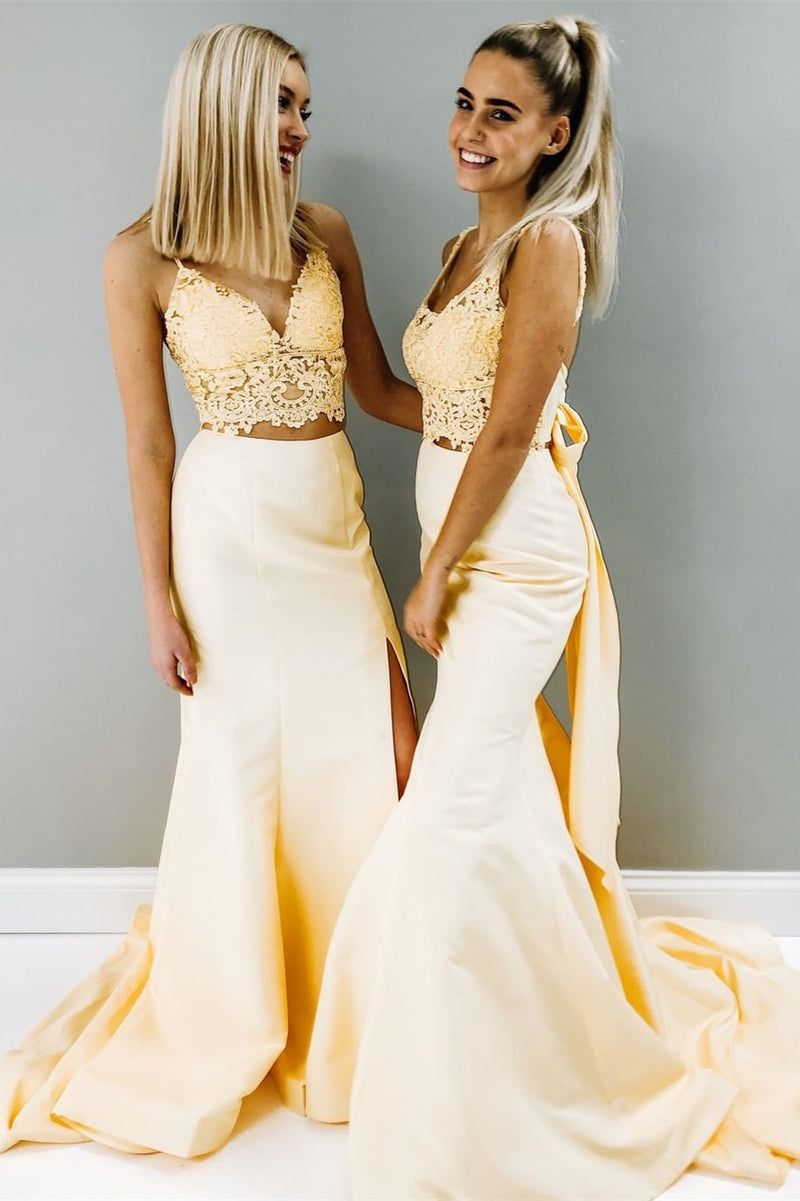 Two Piece Mermaid Yellow Prom Dress with Slit