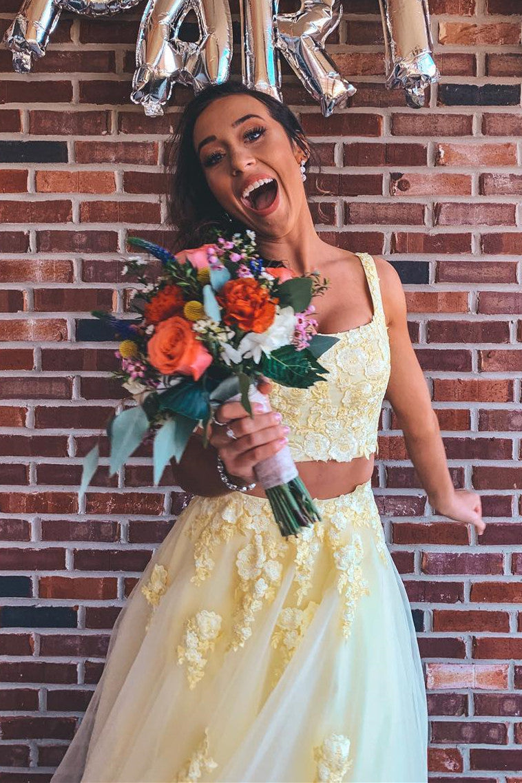 fitted lace wedding dress V Neck Yellow Satin Two Pieces Long Prom Dress, Yellow Mermaid 2 Piece –  morievent main image 1