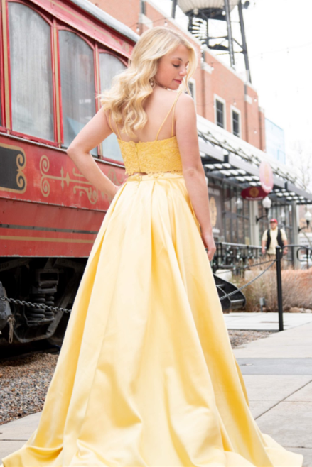 Two Piece Yellow Prom Dress with Pockets – FancyVestido