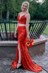 Spaghetti  Straps Two Piece Red Sequins Prom Dress with Slit