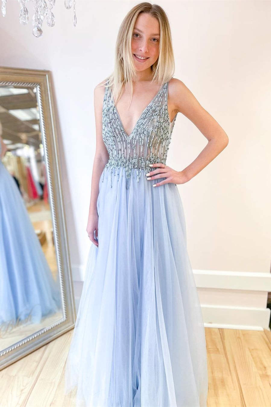 A-Line V-Neck Sky Blue Beaded Long Prom Dress