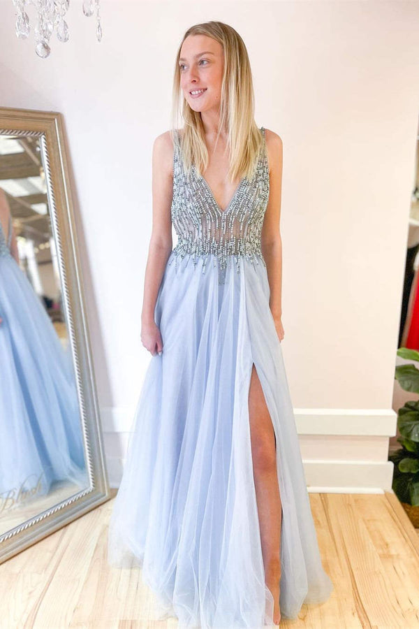 A-Line V-Neck Sky Blue Beaded Long Prom Dress