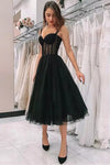 Sweetheart Straps Black Tea Length Prom Dress