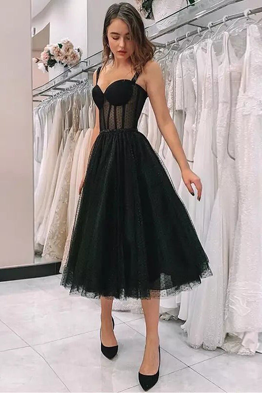 Sweetheart Straps Black Tea Length Prom Dress – FancyVestido