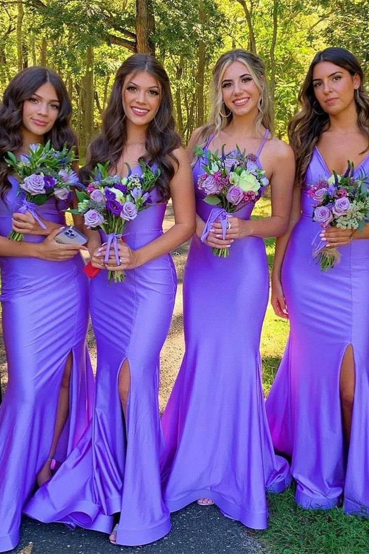 Elegant Lavender Straps Long Bridesmaid Dress with Slit