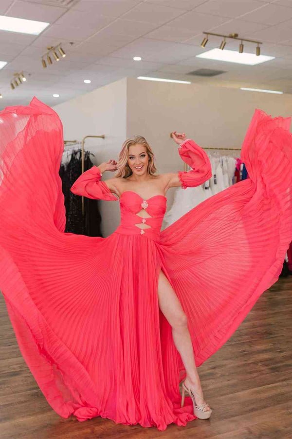Pleated Blue Cut Out Beaded Chiffon Long Prom Dress