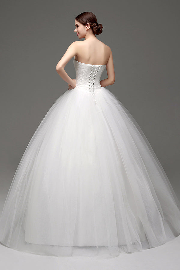 Long Lace-Up Sweetheart A-line White Wedding Dress with Appliques